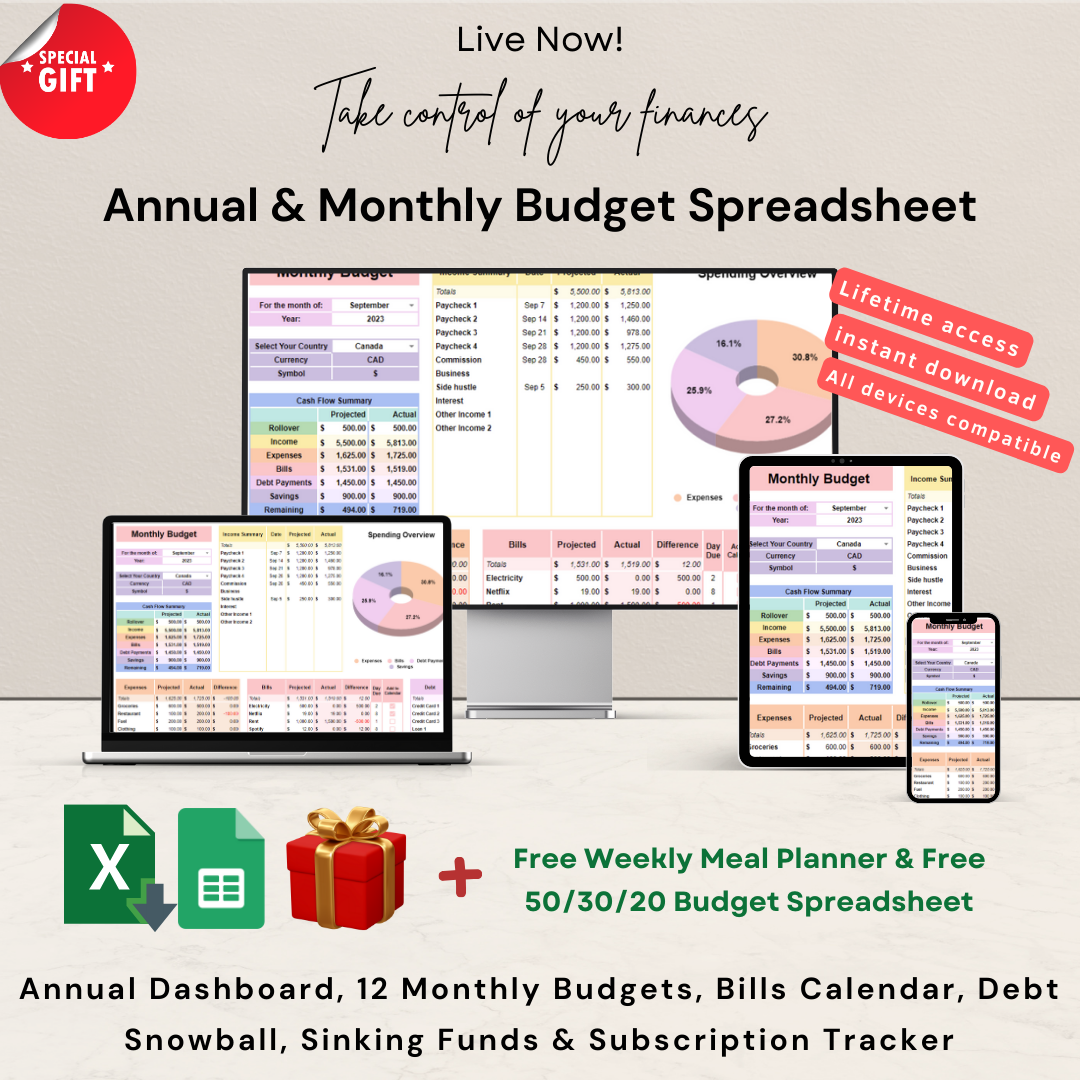Detailed Annual & Monthly Budget Spreadsheet in Google Sheets and Excel, showcasing financial planning sections.