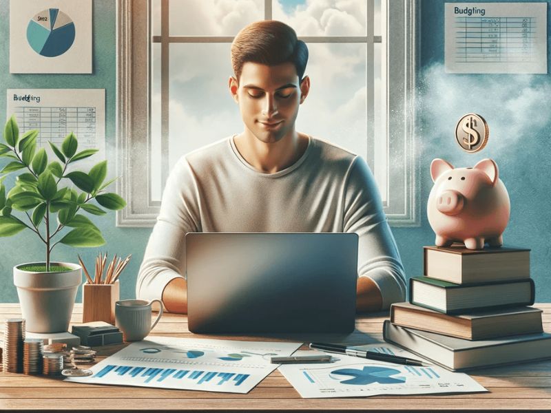 A man concentrating on financial planning at his workspace, which is adorned with a piggy bank on top of books, a plant, stacks of coins, and budgeting charts, symbolizing informed strategies for achieving financial happiness.