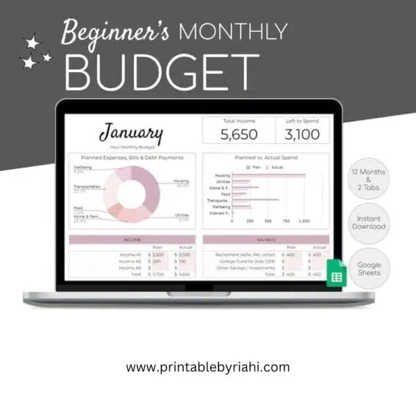 Beginner's Monthly Budget Spreadsheet | Simple Annual Budget | Personal Finances Excel | Easy Google Sheets | Financial Planner