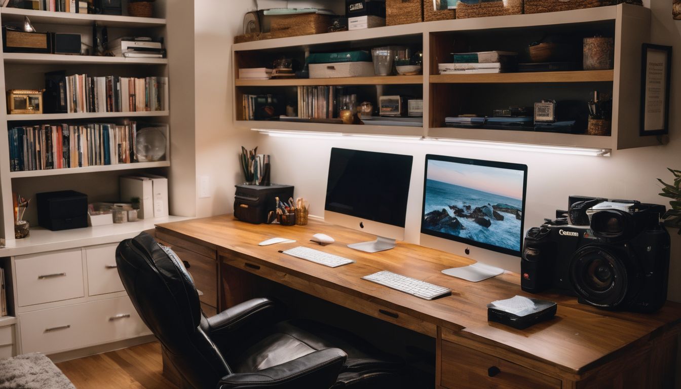 Minimalist art of a modern desk with a checklist, featuring tips like 'Break tasks into smaller steps' set against a calm background.