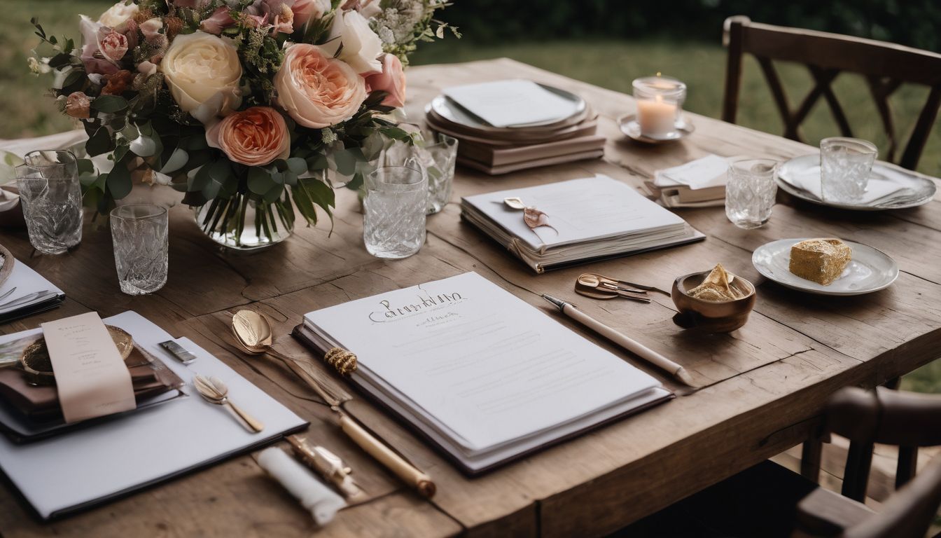 A beautifully decorated wedding planner kit on a rustic wooden table surrounded by floral arrangements and nature photography.