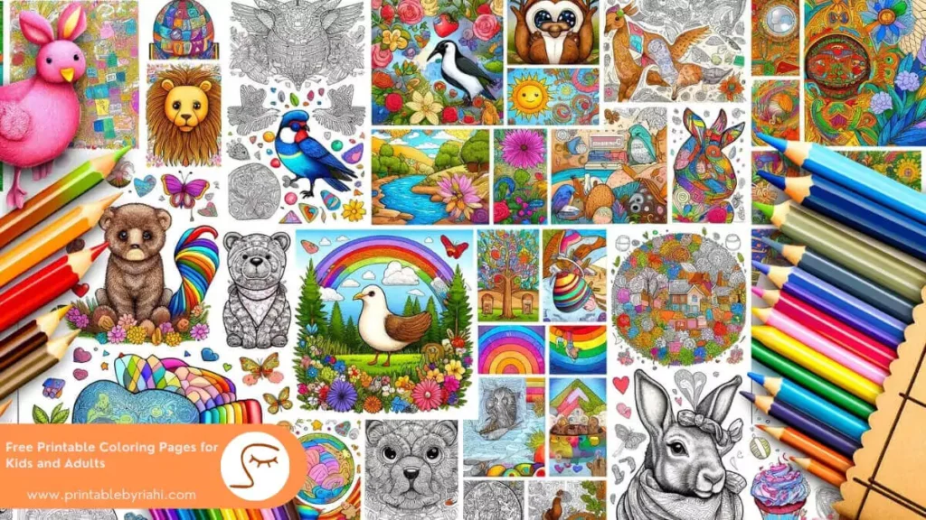 Diverse collection of printable coloring pages for all ages, featuring animals, landscapes, and abstract patterns.