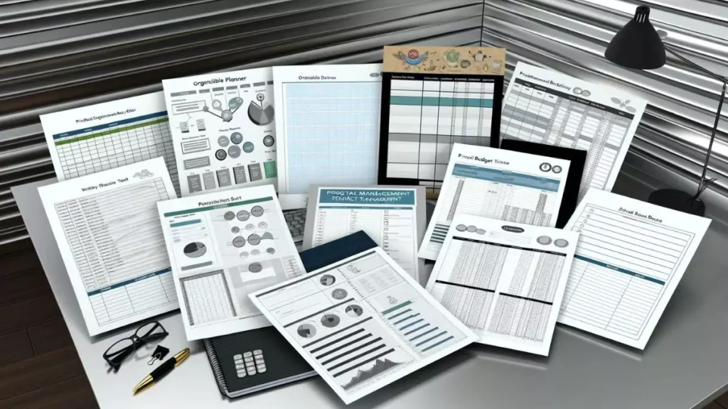 Assortment of printable business tools for small businesses on a desk.