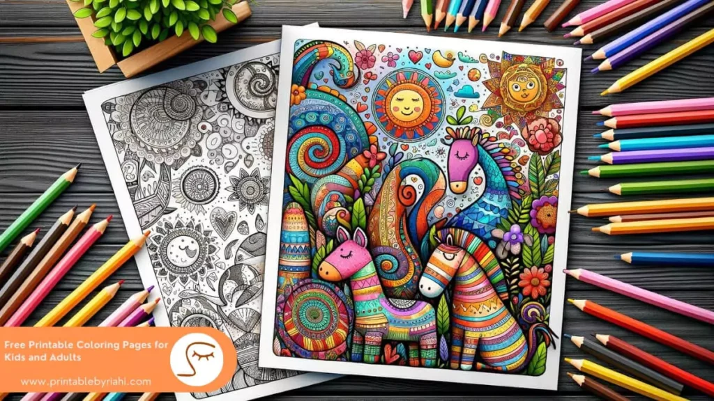 Stack of coloring pages including cartoon characters, nature scenes, and geometric patterns for free printing.