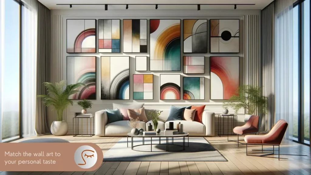 Bright and airy living room with a bold, geometric wall mural as the focal point, complementing the modern furniture.