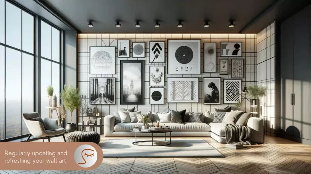 Contemporary living room showcasing a dynamic metal wall sculpture that reflects light and adds texture.