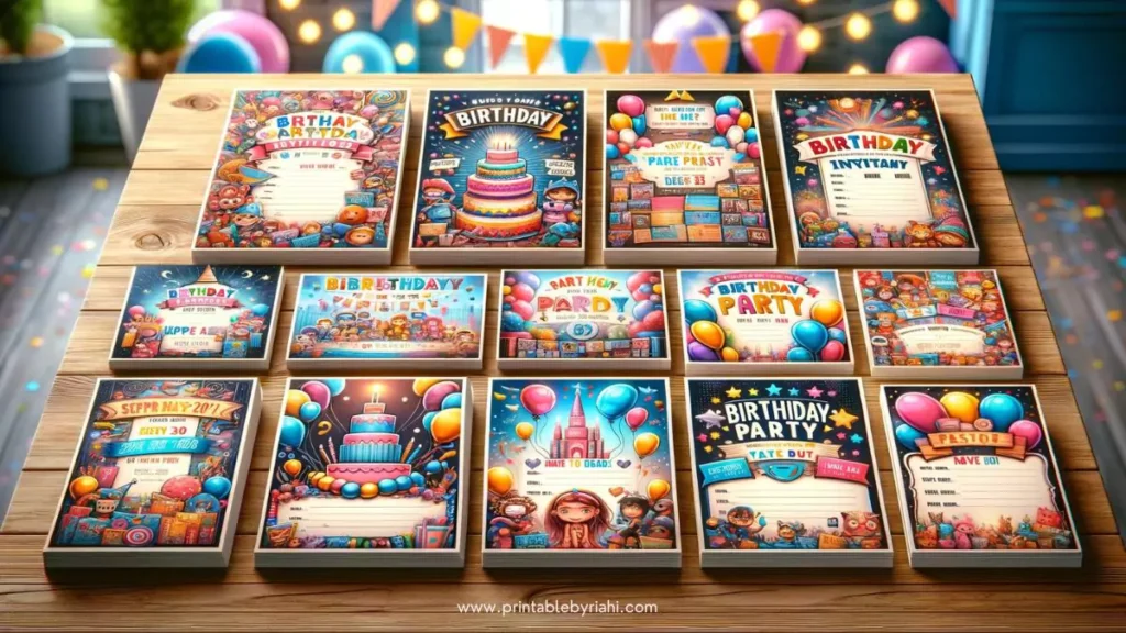 Assorted birthday party invitation templates on a table ready for customization.