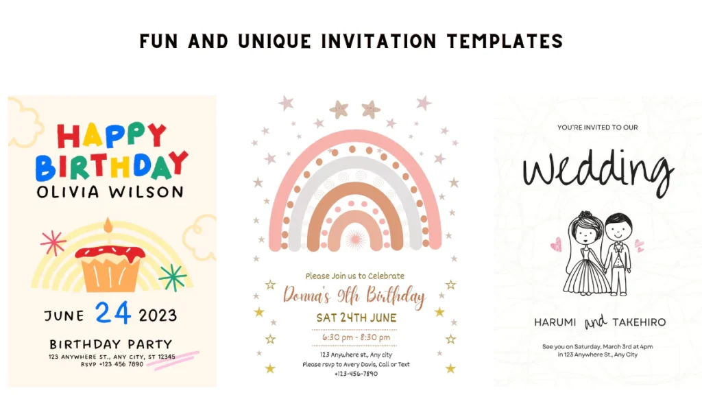 Colorful birthday party invitation templates ready for personalization.