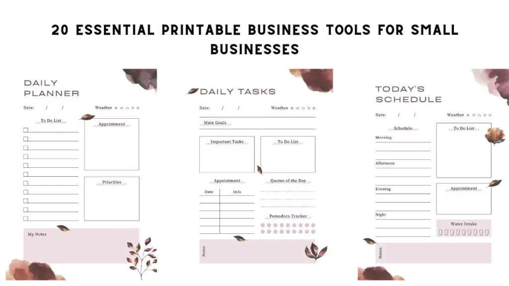 Variety of printable business tools including planners and agendas on a table.