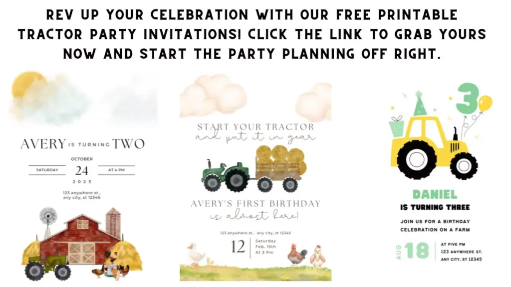 Colorful Tractor Party invitations ready to be downloaded and printed for a festive celebration.