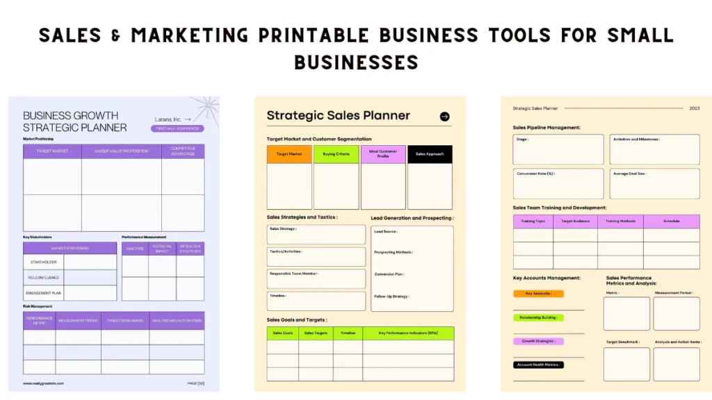 Stack of printable business worksheets for organization and planning