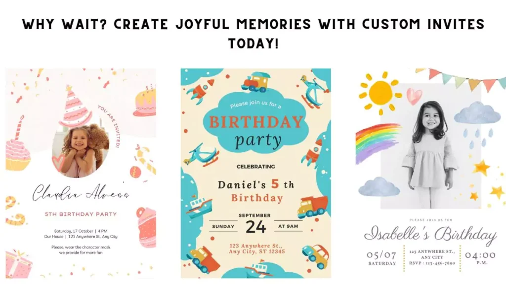 Colorful, printable birthday invitations laid out with markers for personalization.