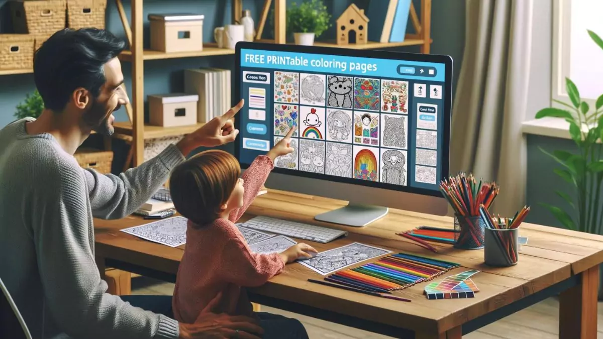 A child and a parent sitting at a home office desk, printing out free coloring pages from a website. The computer screen shows a user-friendly site with a wide selection of themes. The child points excitedly at the screen, choosing their next project. The scene highlights the accessibility and endless inspiration provided by free printable coloring pages. Created Using: digital accessibility, home crafting, selection process, child's excitement, parental guidance, glibatree prompt, user-friendly website, creative inspiration, technology in crafting