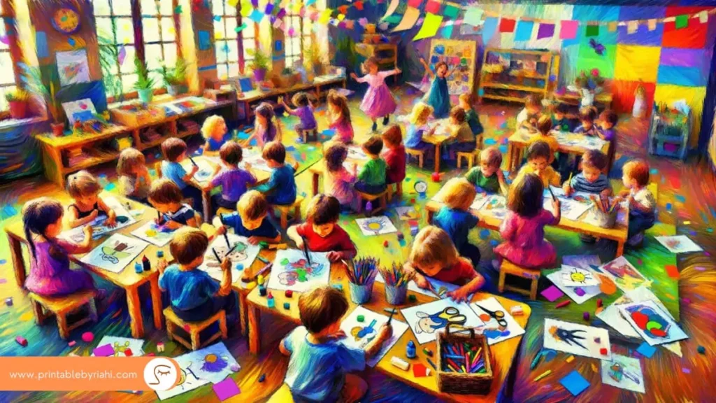 Preschooler engaging with colorful educational printable worksheets at a small desk.