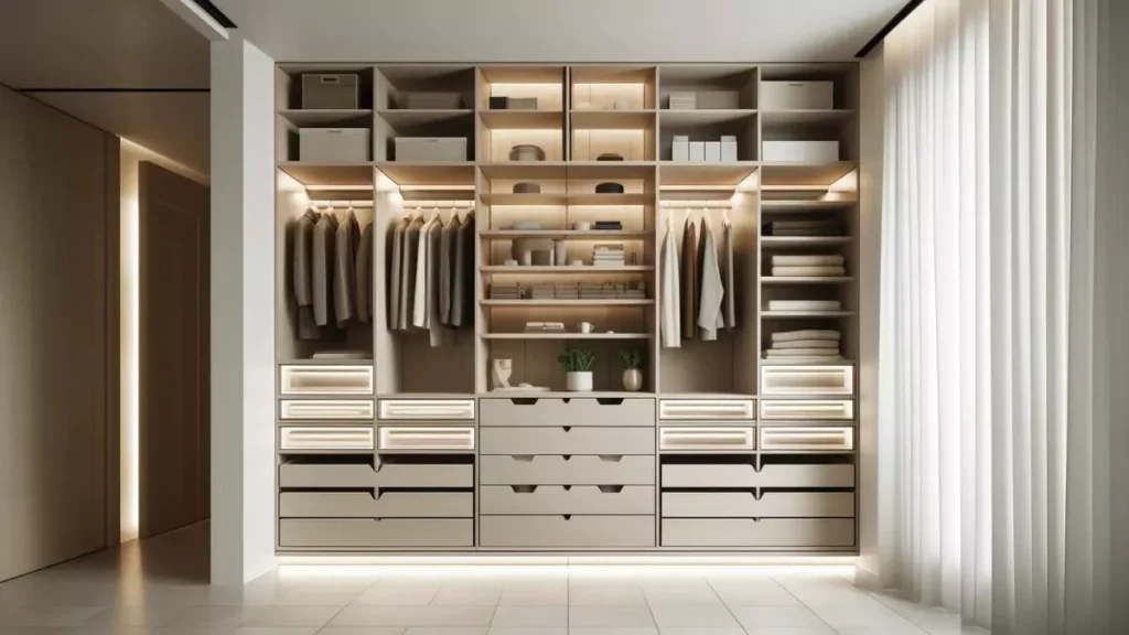 Custom closet system with drawers, shelves, and hanging rods for efficient space use