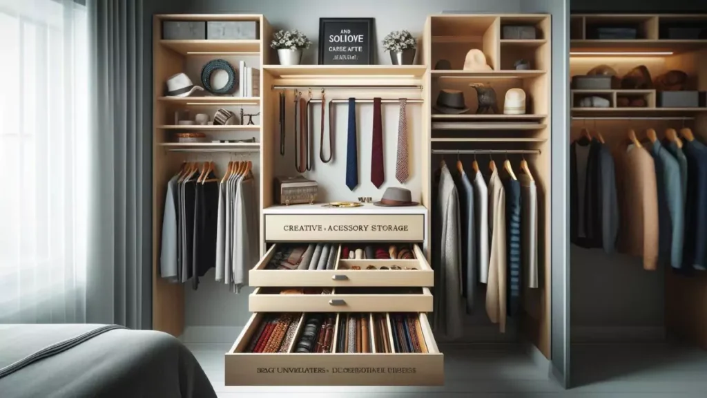 Modern closet featuring neatly organized shelves and hanging clothes with labeled boxes