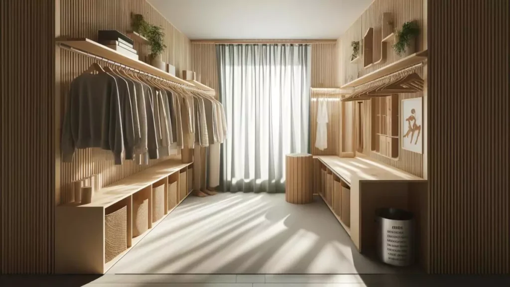 Wall-mounted closet organizers holding neatly folded clothes and woven baskets
