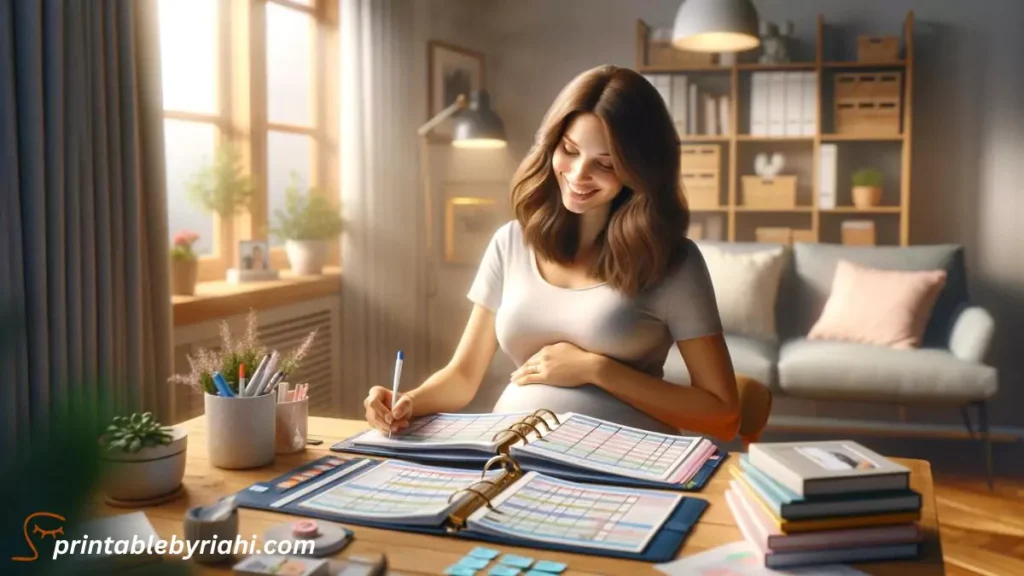 Couple sitting at home, organizing a pregnancy planner with colorful tabs and notes.