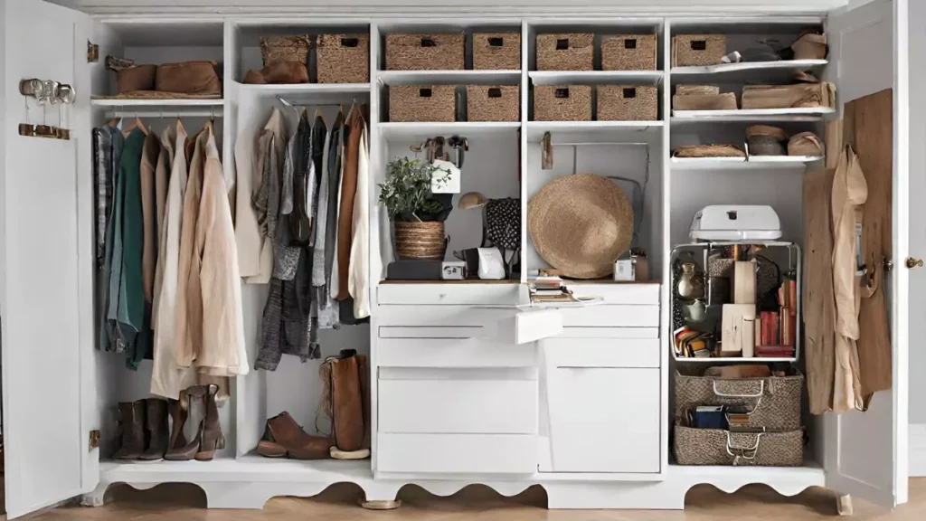 Space-saving closet organizer featuring multi-level garment hangers and pull-out baskets