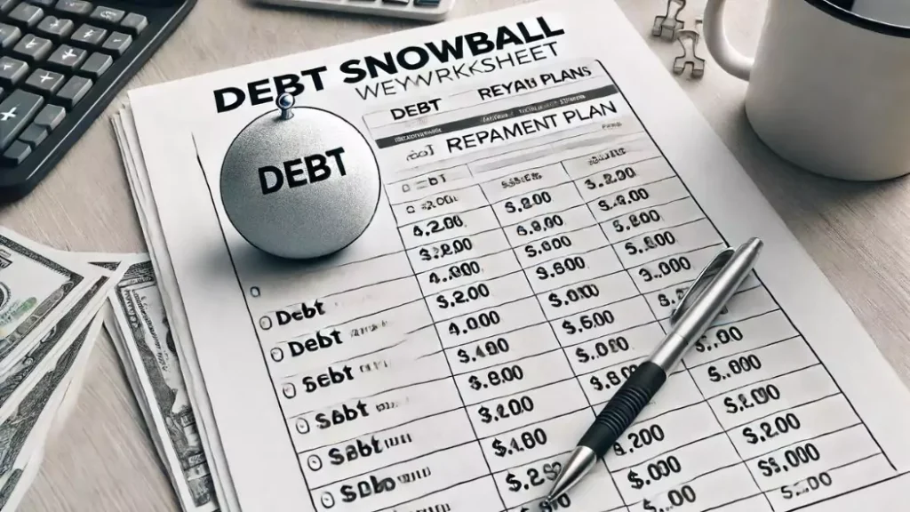 Close-up of printable debt snowball worksheet with debt amounts and repayment plans. 