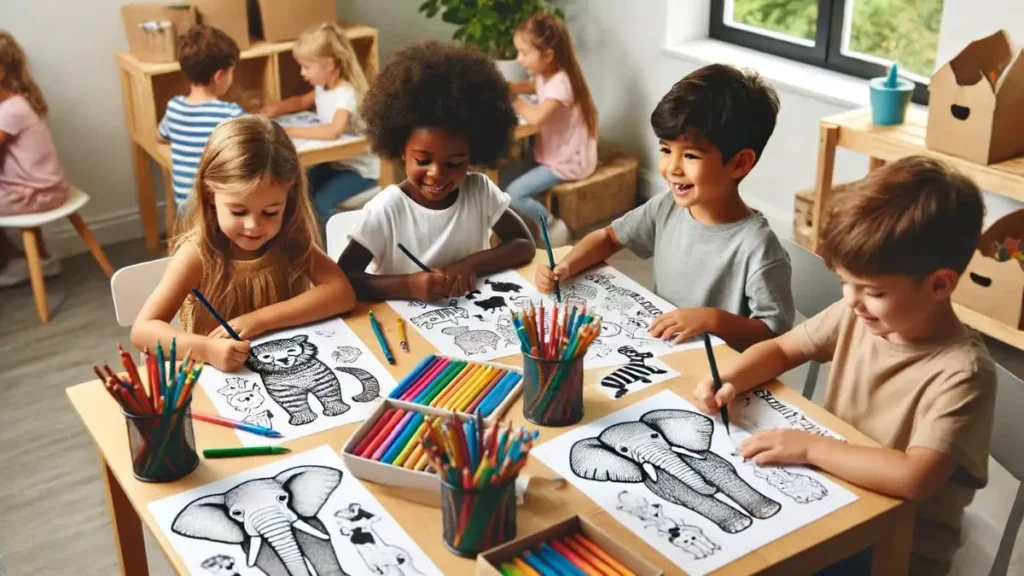 Children coloring printable animal shapes at a table with various coloring supplies.