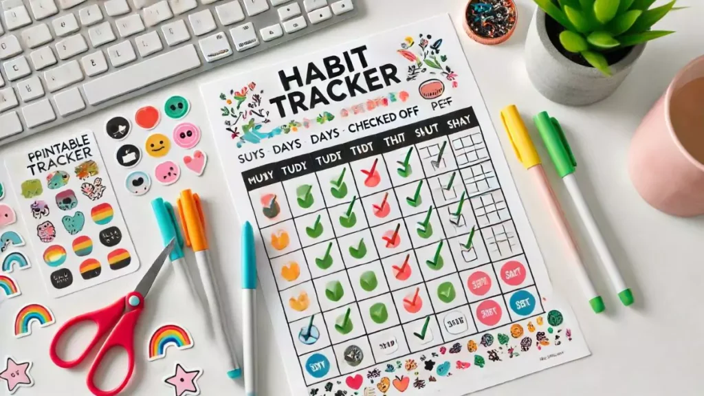 Printable habit tracker with days checked off, next to motivational stickers and colorful pens.