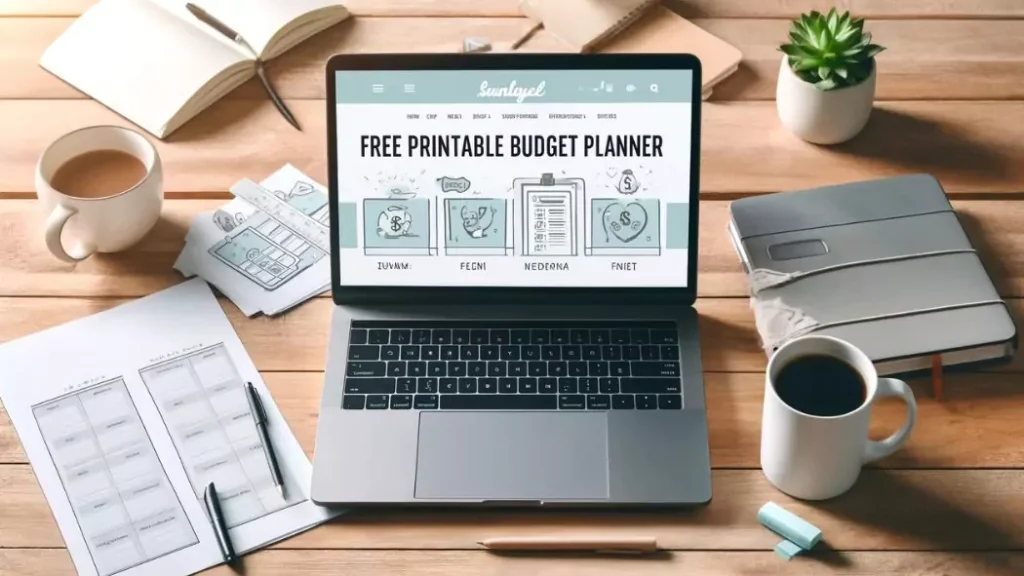 Laptop showing website with free printable budget planners.