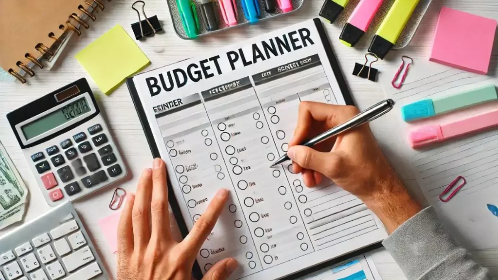 Person filling out a printable budget planner with a pen. 