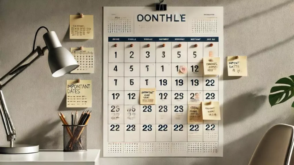 Printable monthly calendar pinned on a wall with marked dates and attached sticky notes.