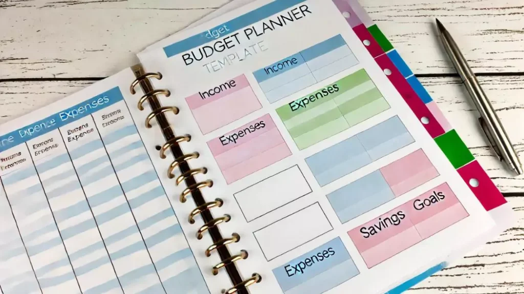Printable budget planner template with sections for income, expenses, and savings goals. 