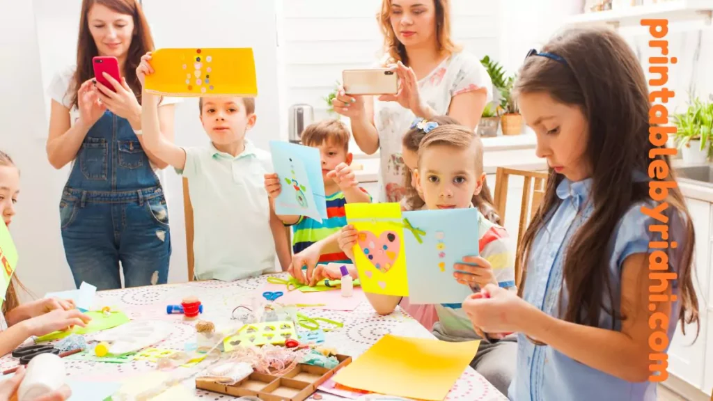 Parents and children working together on fun printable projects at home.