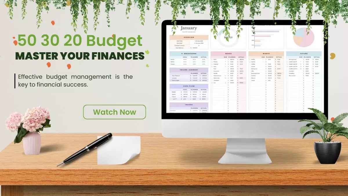 Detailed view of a Google Sheets 50 30 20 budget template, showing monthly income and expense tracking.