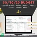 50-30-20 budget template on a desk with a pen and calculator for easy financial planning.