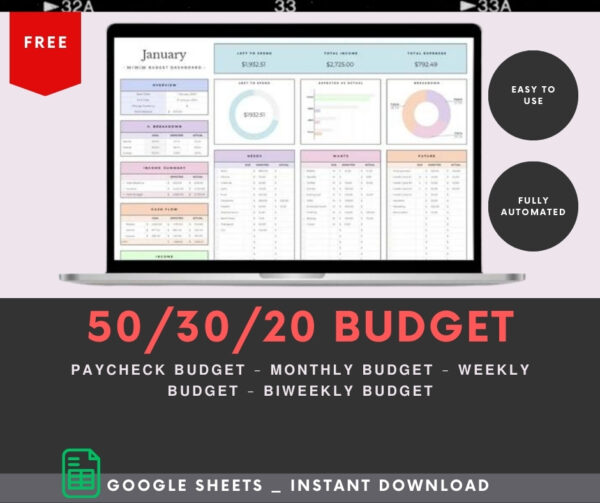 A printable budget template featuring sections for income, expenses, and savings to manage finances effectively.