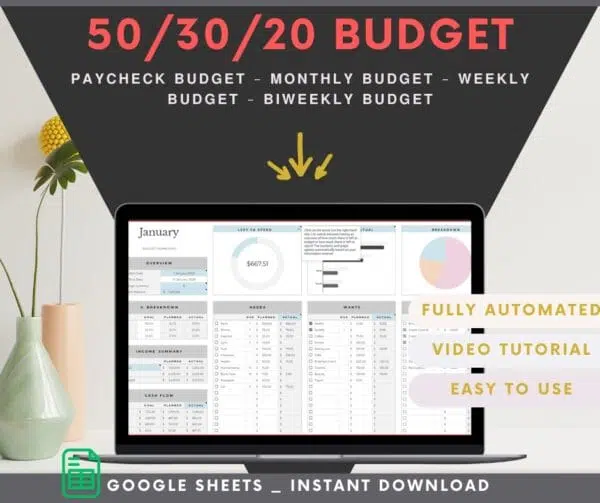 50-30-20 budget template on a desk with a pen and calculator for easy financial planning.