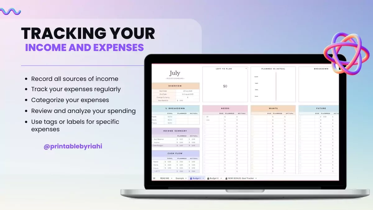 Editable Google Sheets template for implementing the 50 30 20 budget rule, with expense and income fields.