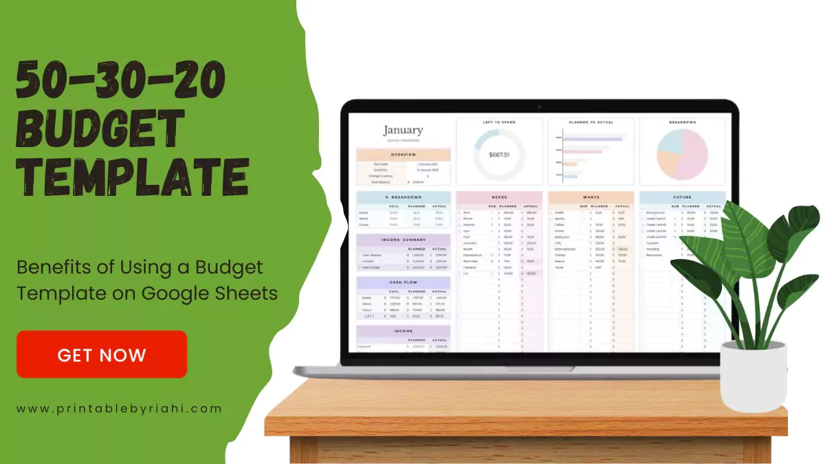 50 30 20 budget template on Google Sheets for organizing and tracking financial goals.