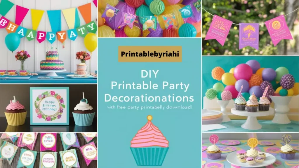 1: Colorful printable party banners with "Happy Birthday" text and decorative ribbons on a wall.