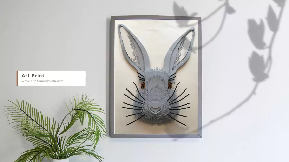 Customizable 3D printed rabbit in grey tones, featuring lifelike fur details and vivid orange eyes for a striking appearance.