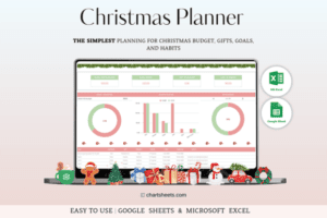 Christmas Planner template displayed on a laptop screen, showcasing organized sections for gifts, budgets, and to-do lists in Excel and Google Sheets format.
