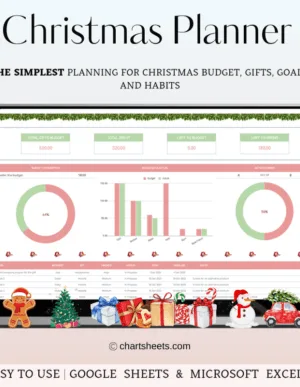 Christmas Planner template displayed on a laptop screen, showcasing organized sections for gifts, budgets, and to-do lists in Excel and Google Sheets format.