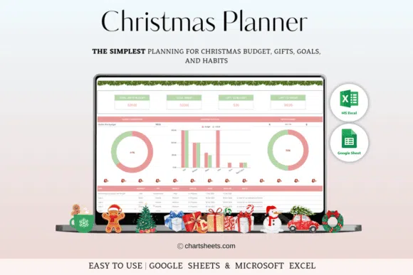 Christmas Planner template displayed on a laptop screen, showcasing organized sections for gifts, budgets, and to-do lists in Excel and Google Sheets format.