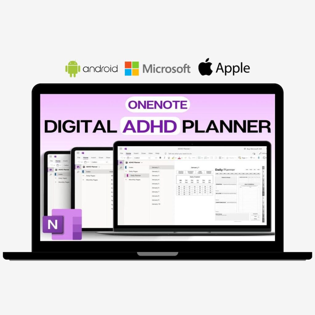 Screenshot of a digital ADHD planner in OneNote showing a to-do list and events