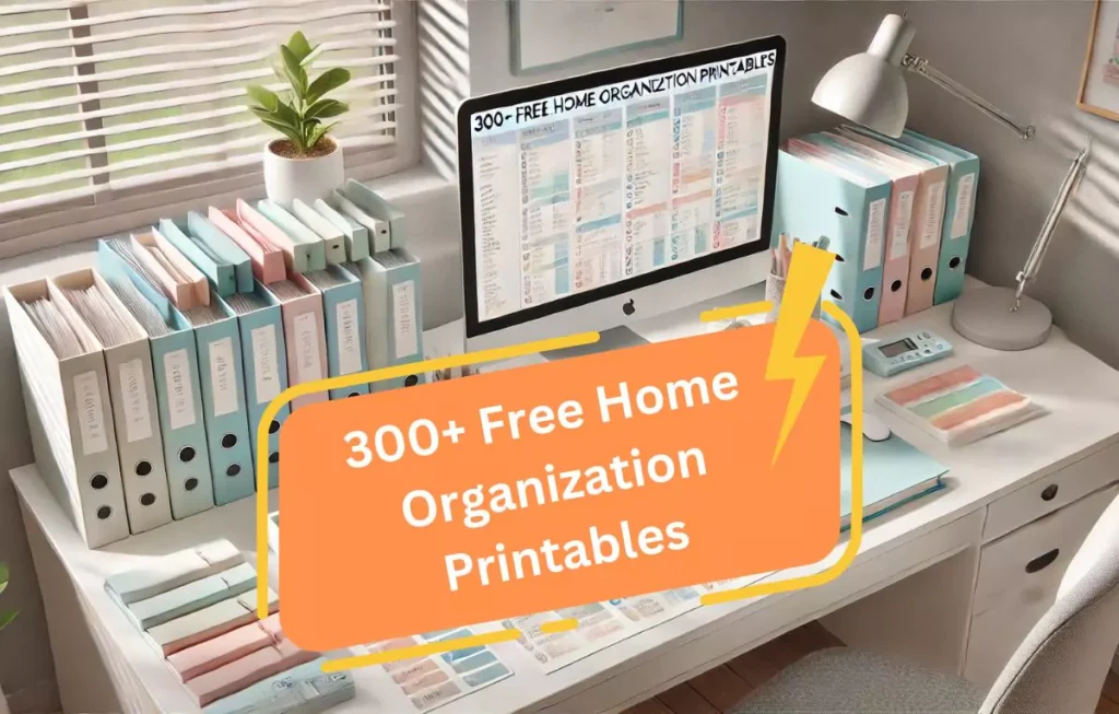 Set of 300 home organization printables for every room, including cleaning schedules, meal plans, and travel checklists to enhance productivity.