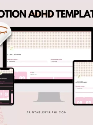 Screenshot of the Notion ADHD Template showing task lists and habit trackers.