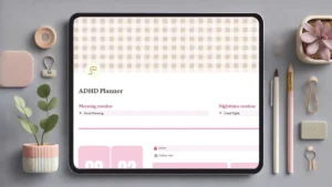 A calming Notion template designed for ADHD users, featuring sections for task management, habit tracking, and focus tools. The interface is clean with pastel colors and simple icons, creating a visually soothing workspace for enhanced productivity.