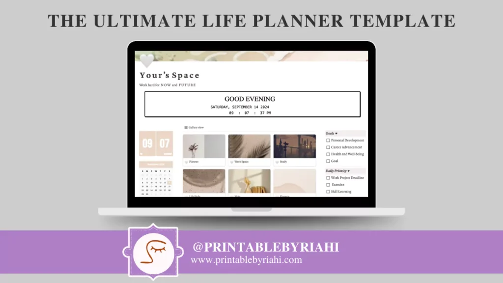 Ultimate Life Planner Template for Notion dashboard showcasing daily tasks, goals, and habit tracker.