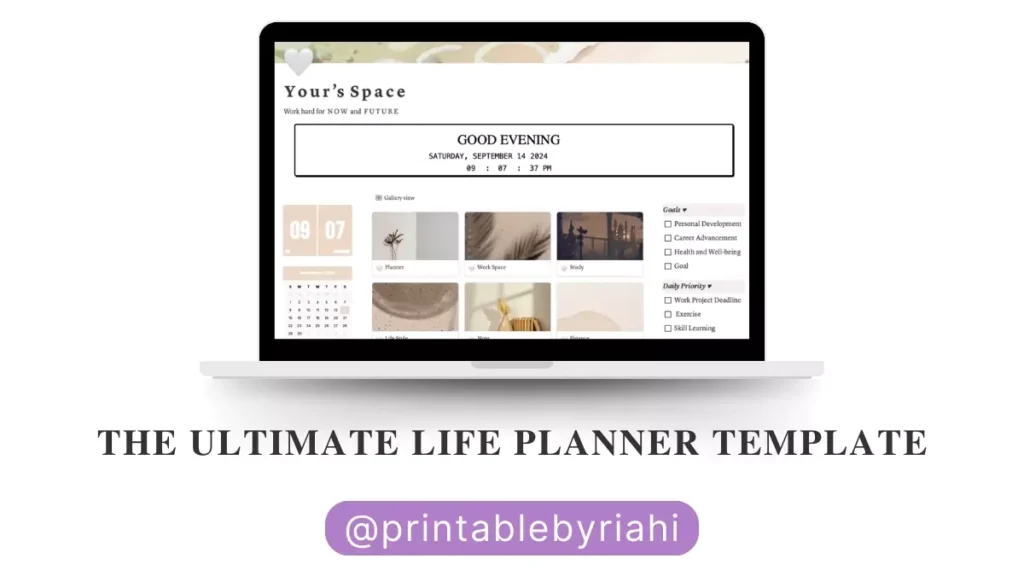 Digital life planner template featuring sections for goal-setting, daily schedules, habit tracking, meal planning, and personal finance management. Designed for organized and productive living