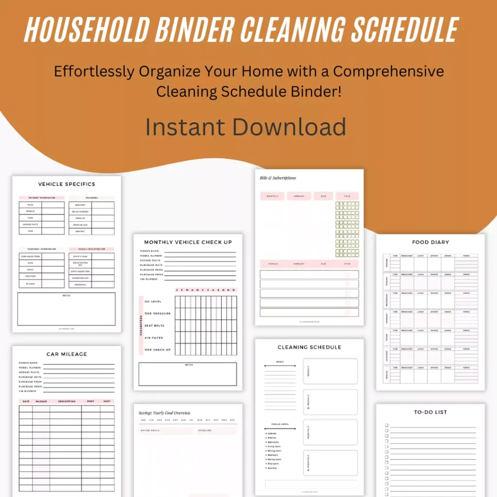 Organized home management system displaying printable schedules and trackers in clean layout