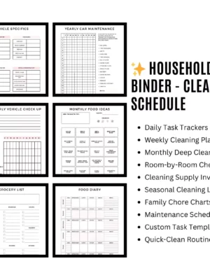 Comprehensive household binder featuring cleaning, finance, and meal planning pages